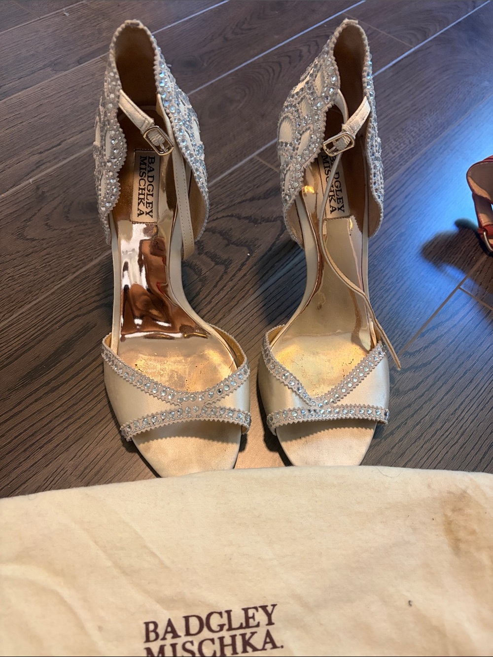Badgley Mischka Ivory Satin Crystal-Embellished Open-Toe Heels